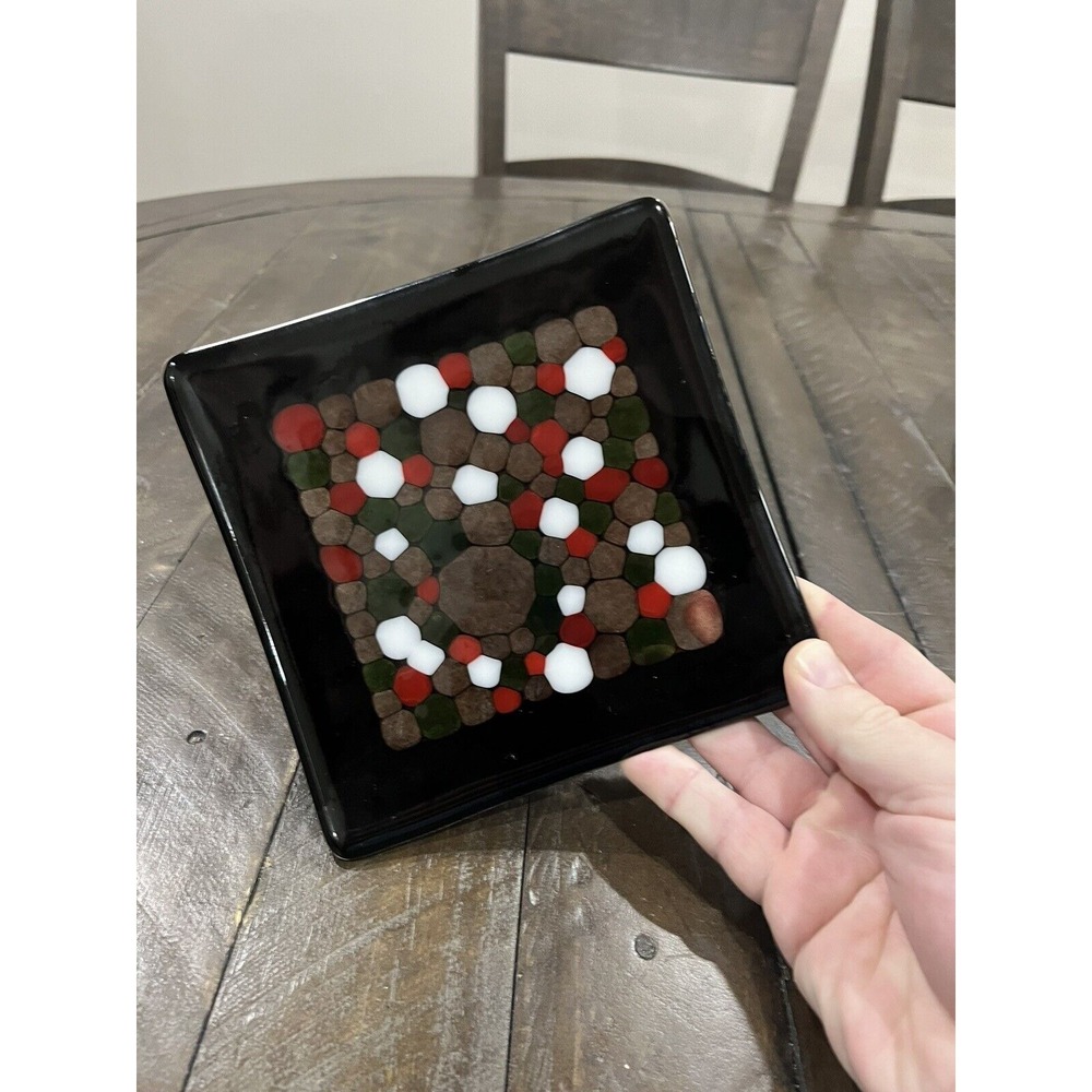 MCM Vtg Fused Glass Bubbled Red White Black Green Square Trinket Tray 6.5”